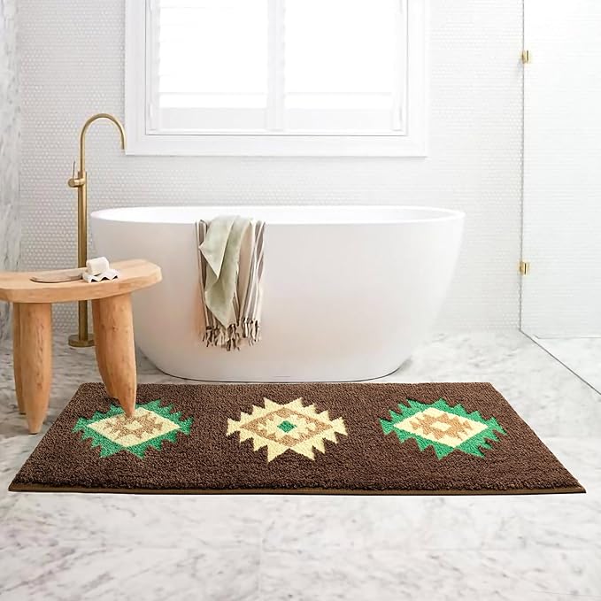 DEXDE Bathroom Rugs 24x36 Inch, Non Slip Western Geometric Bath Rug Luxury Soft Modern Boho Bath Mat Absorbent Carpet for Bathroom Shower Kitchen Entryway Farmhouse,Brown