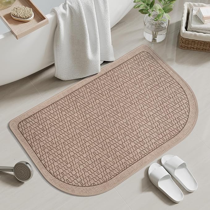 Bathroom Rugs Mat 24x35, Non Slip Ultra Thin Bath Mat Quick Dry Absorbent Washable Woven Half Round Bath Mats for Bathroom Floor Rubber Backed Fit Under Door Brown