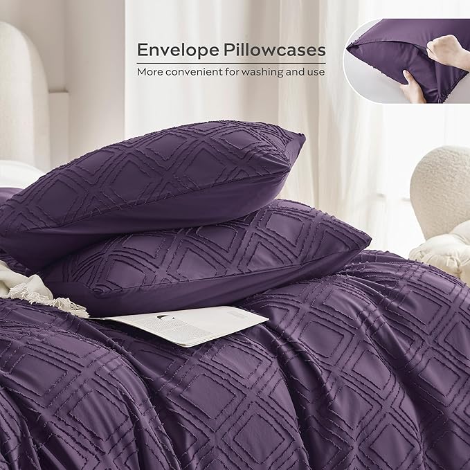 JELLYMONI Duvet Cover King Size Purple - 3PCS Boho Duvet Cover Set Plaid Polyester Tufted Bohemian Jacquard Knit Textured Comforter Cover 104×90in Rhombic Geometric Pattern Zipper Corner Tie