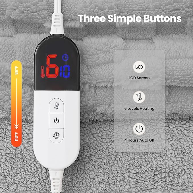 Heated Blanket 50x60 Inch Electric Blanket Throw Blanket with 6 Heat Settings and 1-4H Auto Off Timer, Machine Washable Soft Flannel Fleece for Couches, Beds Office (Grey)