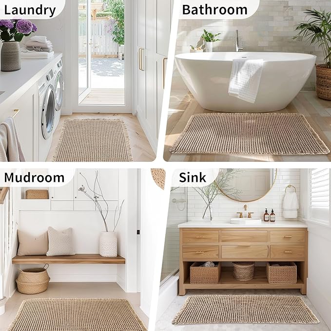 Waffle Bath Mat - Boho Bathroom Rugs Non Slip Washable, Super Absorbent & Quick Dry, Soft Bath Mat Farmhouse Bathroom Decor, 24'' x 36'', Khaki