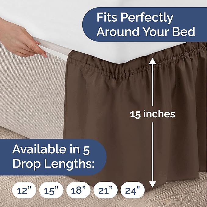 Wrap Around Dust Ruffle Bed Skirt - Brown - for King Size Beds with 15 Inch Drop - Easy Fit Elastic Strap - Adjustable Pleated Bedskirt w/Brushed Fabric - Wrinkle Free - for Women, Men, Kids & Teens