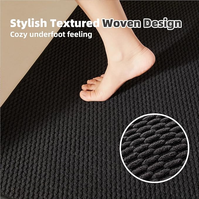 Black Bathroom Runner Rug, Long Bath Mat Washable Thin Quick Dry Low Pile Bathroom Runner Rugs 24 x 60 Non Slip, Black 24''x60''