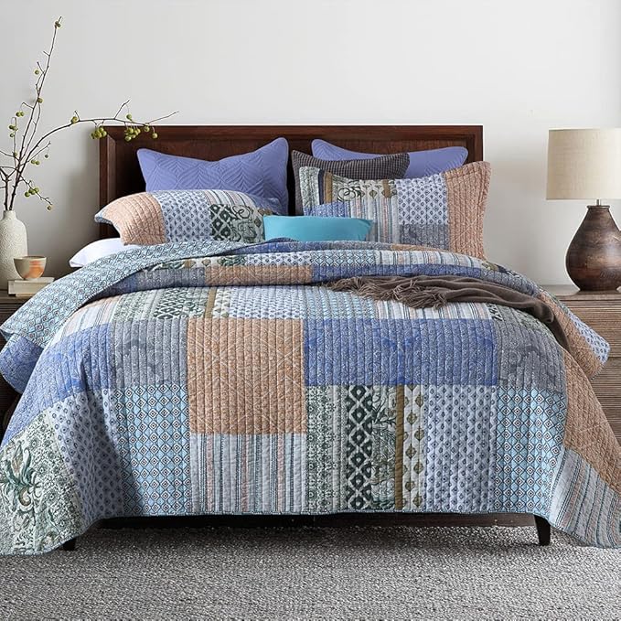 Autumn Dream Cotton Bedspread Quilt Sets Reversible Bedding Coverlet Sets Comforter, Vintage Floral Patchwork Red Blue Bedspread, King Size (Blue Bohemian Patchwork, Queen (90 by98 Inch))