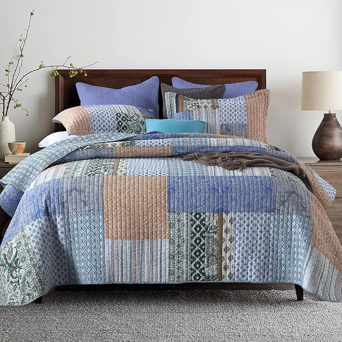 Autumn Dream Cotton Bedspread Quilt Sets Reversible Bedding Coverlet Sets Comforter, Bohemian Paisley Patchwork Blue Bedspread, King Size