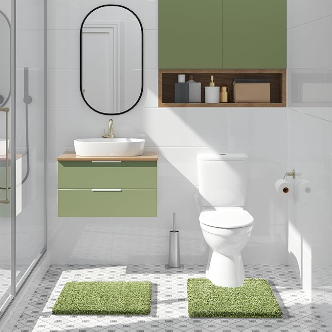 Yimobra Bathroom Rugs Non Slip Washable, Ultra Soft and Water Absorbent Bath Mats, Plush Fluffy Shower Mat Outside, Microfiber Thick Matts for Bathroom Floor/Sink, 24x17, Light Green and Dark Green