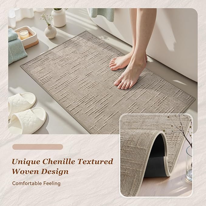 AMOAMI Bath Mat Non Slip Super Absorbent Quick Dry Bath Mats for Bathroom Floor Rubber Backing Washable Bathroom Rugs Modern Woven Jacquard Mat, Beside Tub Bath Rugs, 17" x 24", Brown