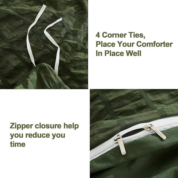 AveLom Dark Olive Green Seersucker Duvet Cover Set King (104 x 90 inches), 3 Pieces (1 Duvet Cover + 2 Pillowcases), Soft Washed Microfiber, Textured Duvet Cover with Zipper Closure, Corner Ties