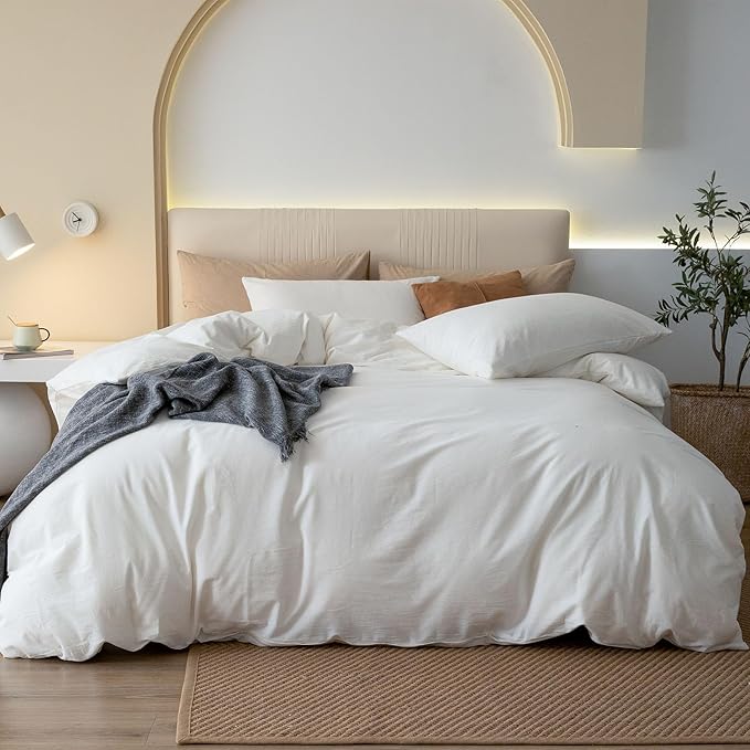 JIYUAN 100% Washed Cotton Duvet Cover Set 3 Pieces Queen, 1 Duvet Cover 90x90 Inches(Comforter Not Included) and 2 Pillowcases,Linen Feel Bedding Set Comfy and Breathable,Off White