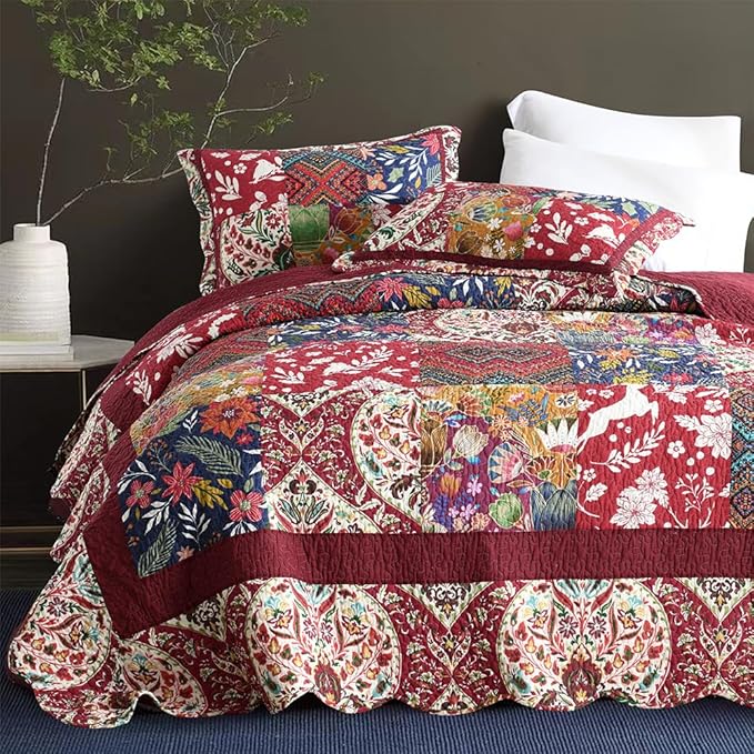 Cotton Bedspread Quilt Bedding Sets 3 Pieces Reversible Coverlet Sets Comforters Gorgeous Paisley Floral Patchwork Red Bedspread, King Size