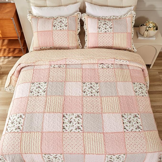 Cmfshape Floral Quilt Sets Bedspread Set 100% Cotton Patchwork Bedding Set, All Season Use Lightweight Reversible Coverlet Quilts with 2 Pillow Shams(King 106"x96")