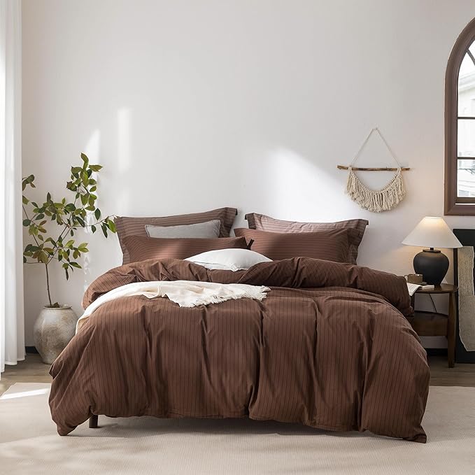 Stripe Duvet Cover King Size 104inch x 90inch,100% Washed Cotton Pinstripe Duvet Cover with Zipper Closure and 2 Pillowcases, Color of Cocoa Brown-Black Stripe