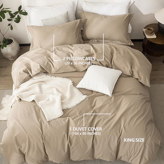 Linen Feel Duvet Cover King Size 104inch x 90inch,100% Washed Cotton Duvet Cover with Zipper Closure and 2 Pillowcases, Color of Mocha Brown