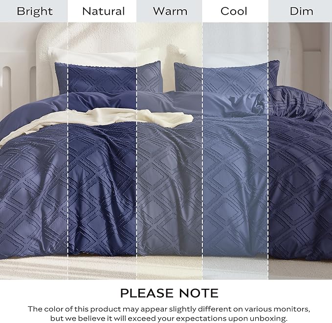 JELLYMONI Duvet Cover Twin Size Navy Blue - 3PCS Boho Duvet Cover Set Plaid Polyester Tufted Bohemian Jacquard Knit Textured Comforter Cover 68×90in Rhombic Geometric Pattern Corner Ties & Zipper
