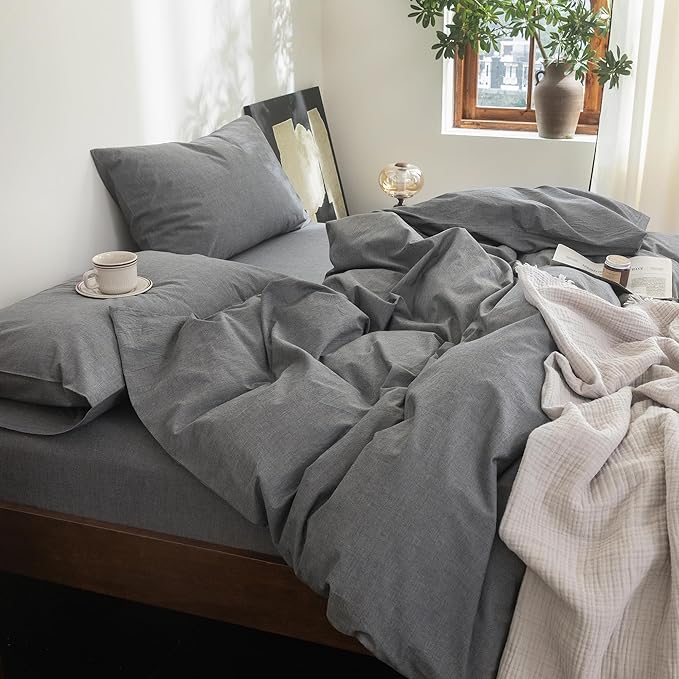 FOSSA Duvet Cover Set 100% Washed Cotton Linen Feel Super Soft Breathable Cozy 3 Pieces Bedding Sets Solid Dark Grey Oversized King