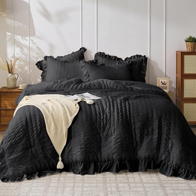 JOLLYVOGUE Black King Comforter Set, 3 Pieces Seersucker Comforters King Size, Lightweight & Fluffy Bedding Sets King for All Season with 1 Ruffle Comforter and 2 Ruffle Pillowshams