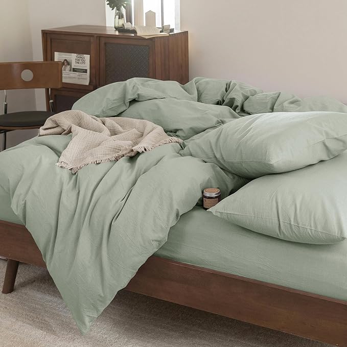 FOSSA Duvet Cover Set 100% Washed Cotton Linen Feel Super Soft Breathable Cozy 3 Pieces Bedding Sets Solid Sage Green Super Queen