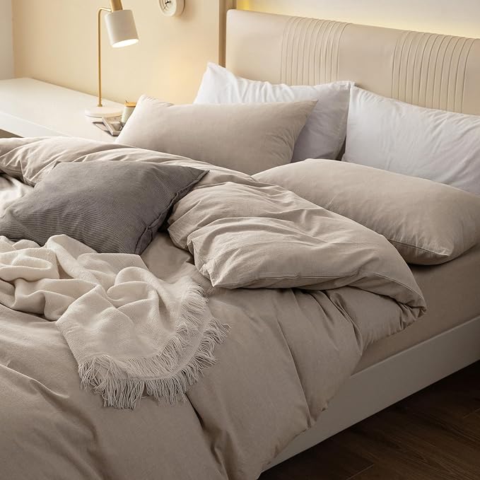 JIYUAN 100% Washed Cotton Duvet Cover Set 3 PCS Oversized Queen,1 Duvet Cover 98"x98"(Comforter Not Included) and 2 Pillowcases, Linen Like Comfy and Breathable, Heathered Tannish Linen Grey