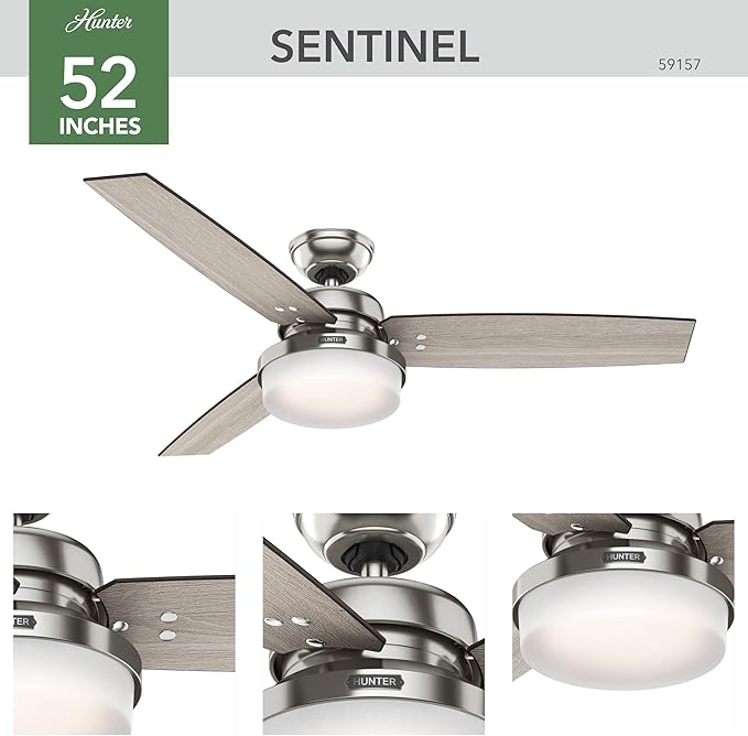 Hunter 52 inch Indoor Ceiling Fan with LED Light and Remote Control - Standard Mount Ceiling Fan, 3 Blades, For Bedroom, Living Room, or Kitchen - Sentinel 59157, Brushed Nickel