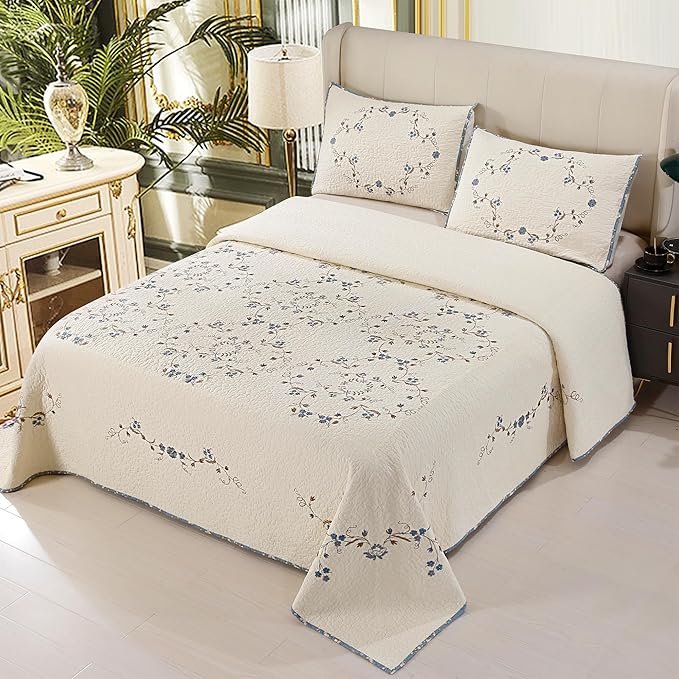 Quilt Set Blue Floral 3D Embroidery Pattern 2 PCS 100% Cotton Reversible Quilted Embroidered Decorative Bedspreads Coverlet Set, Lightweight &Soft Twin Size White Bedding Coverlet for All Season