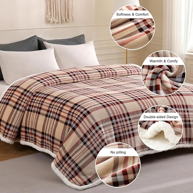 Sherpa Blanket Throw Blanket for Couch Sherpa Fleece Blanket Fluffy Checkered Soft Blanket for All Season Use Cozy Thick Warm Big Throws (Beige-Plaid, 80"*90")