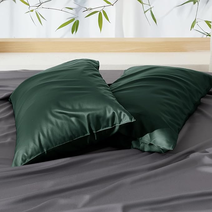 Bedsure Pillow Cases Queen, Cooling Pillow Cases, Rayon Derived from Bamboo Forest Green Pillowcases Queen Size Set of 2, Soft & Breathable Bedding Pillow Covers with Envelope Closure, 20x30 Inches
