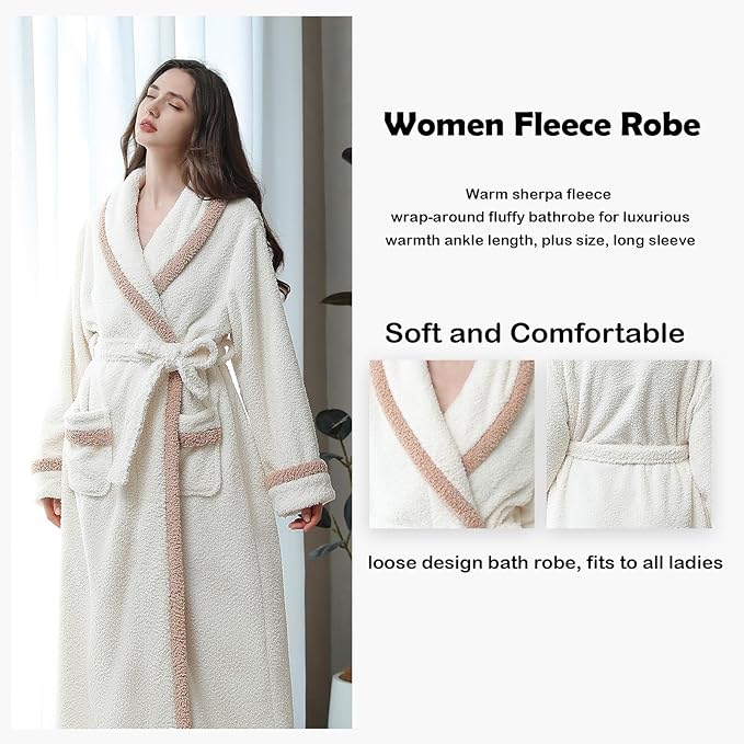Oksun Womens Long Fleece Robe: Soft Fluffy Warm Bathrobe - Cozy Winter Housecoat Nigthgown with Chic Piping