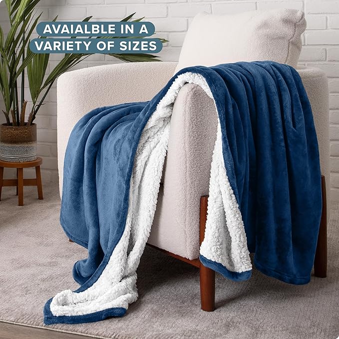 Bare Home Sherpa Fleece Blanket - Throw/Travel Size - Blanket for Bed, Sofa, and Couch - Warm & Lightweight - Fluffy & Soft - Reversible (Throw/Travel, Dark Blue)