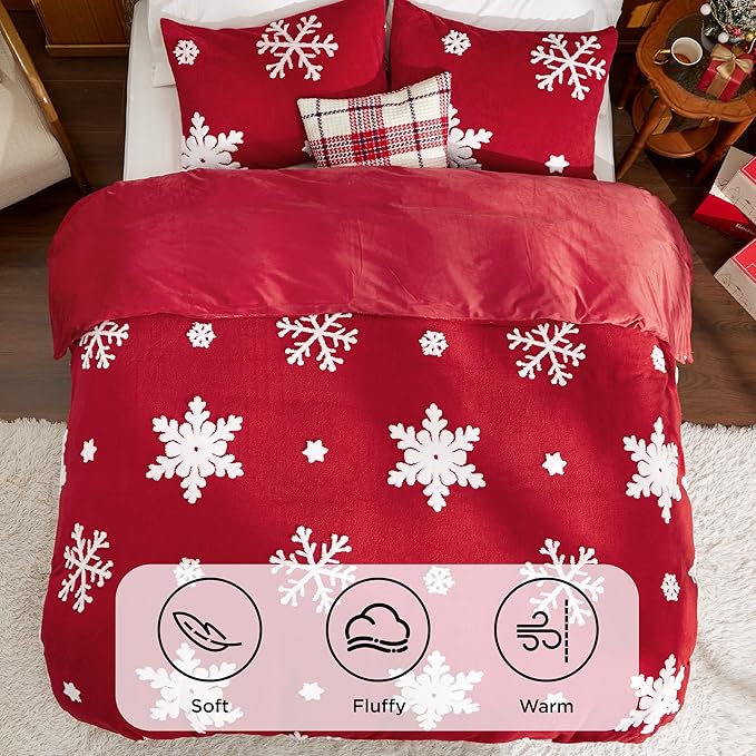Bedsure Fluffy Duvet Cover Set - Ultra Soft Plush Shaggy Comforter Cover Queen Size, Warm Flannel Fleece Bed Sets for Winter, 3 Pieces, Snowflake Pattern, Red