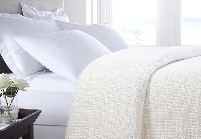 HILLFAIR 100% Combed Cotton Blanket– California King Size Bed Blanket – Warm Soft All Season Breathable Blankets – 102 x 108 inch Extra Large Oversized California King Cotton Blankets for Bed- Ivory
