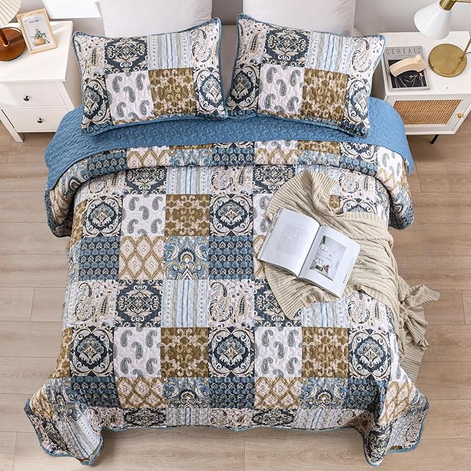 WONGS BEDDING Boho Quilt Set Queen Size, Blue Patchwork Plaid Bedspread Bedding Sets Paisley Soft Microfiber Quilts for Queen Bed 3 Pieces Coverlet Set for All Season (96"x90")