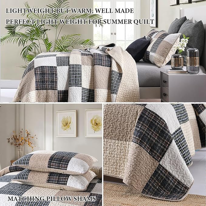 Y-PLWOMEN Quilt 100% Cotton King Size Quilt Set, Brown Khaki Black White Patchwork Plaid Bedspread, Lightweight Reversible Soft Summer Quilt Bedding Set, 3-Pieces