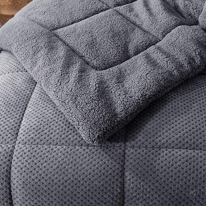 KASENTEX Super Ultra Soft Luxury Plush Sherpa Comforter, Cozy Reversible Fleece - Goose Down Alternative Fill, Machine Washable Bedding, Excalibur Grey, King Size