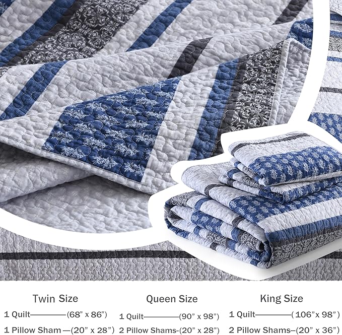Homzard Bedding Set, King Size Quilt, 100% Cotton, Blue Floral Striped, All Season, 3 Piece Includes Quilt and 2 Shams, Farmhouse Style