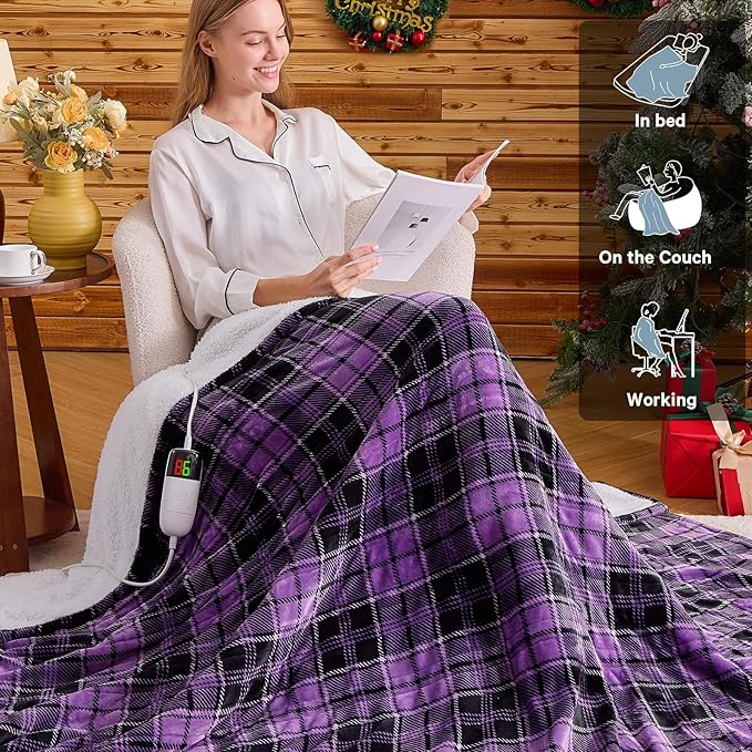 Purple Heated Weighted Blanket for Adults 20Lbs Queen Size 60"x80", 2-in-1 Electric Heating Pad Lap Heavy Blanket for 190-210lbs for Bed, 10 Level 8H Auto Off, Cozy Birthday Gifts for Women Mom Senior