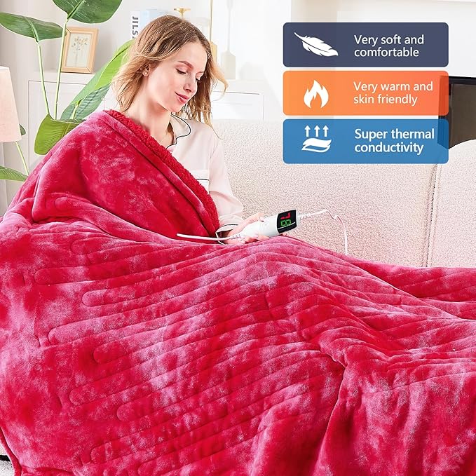 greenoak Heated Electric Blanket Throw, Faux Fur Sherpa Heating Blanket for Sofa Bed, Warm Winter Gifts for Mom/Grandma, Heater Lap Blankets 5-Position Timer &10 Heating Levels 84''*90" Red