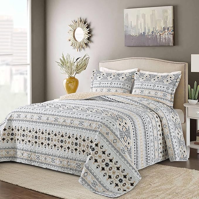 BEDIFANY Boho Quilt King Size Set, Lightweight Bedspread King Size Stripe Boho King Quilt, Quilt Bedding Set for Bed Decoration, All-Season Coverlet Set, 3 Pieces