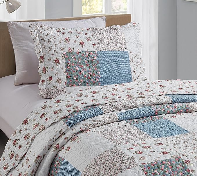 Brilliant Sunshine Pink Rose with Small Blue Check Patchwork, 2-Piece Quilt Set with 1 Sham, Reversible Bedspread, Soft Lightweight Coverlet, All-Season, Twin, Pink Blue