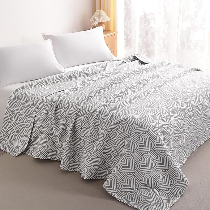 NTBAY 3 Layers Cotton Muslin 106x92 King Bed Blanket, Super Soft Breathable Thermal Yarn Dyed Quilt for Adults, Perfect Lightweight Blanket for Couch Sofa Bed All Seasons, Grey Heart