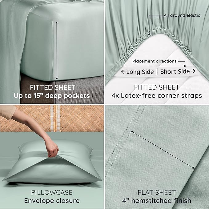 Bambaw 100% Viscose Derived from Bamboo Sheets Full Size Set – 4pcs Cooling Sheets for Hot Sleepers, Super Soft Full Size Sheet Set, with Elastic Corner Straps, Hotel Luxury Bedding (Sea Glass)