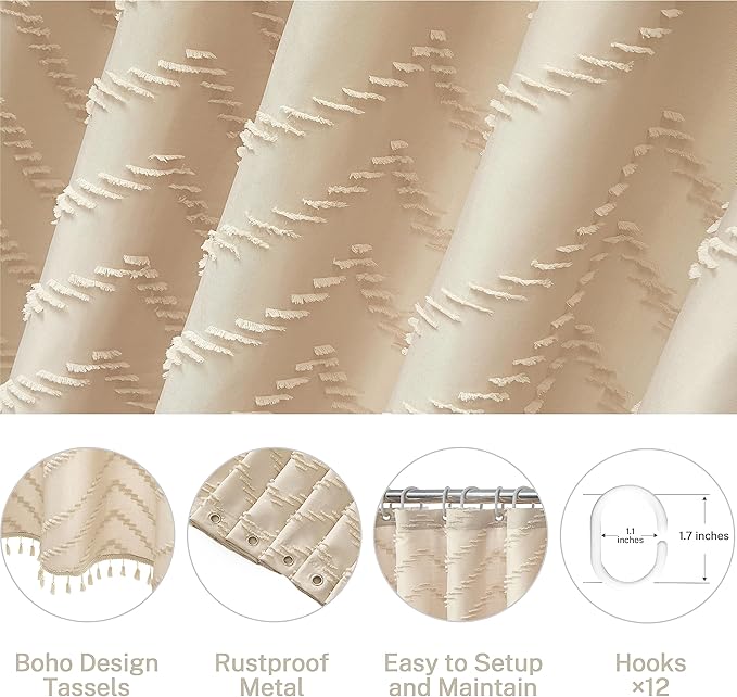 Extra Long Farmhouse Boho Chevron Shower Curtain, Woven Fabric 96 in Beige Shower Curtain, 72 x 96, Tufted Striped, Modern Chic Textured Shower Curtain Set Minimalist Bathroom Decor
