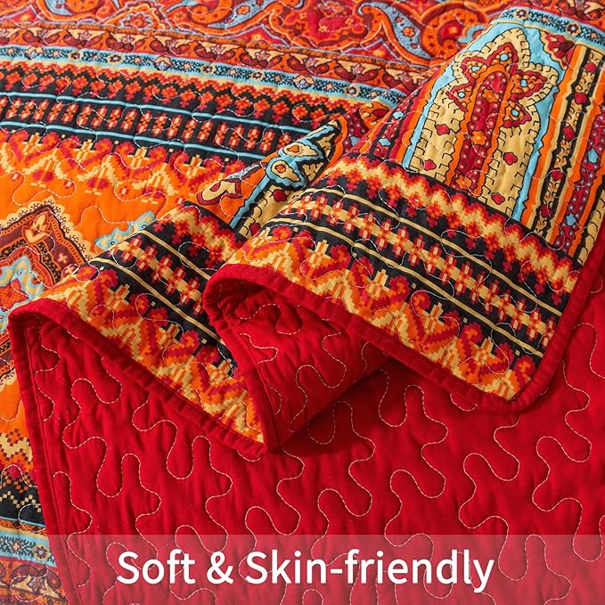 BEDIFANY Cotton California King Quilt Set - Lightweight Boho Bedspread Oversized King Size - Colorful Orange Stripe King Size Quilt Bedding Sets (108 * 118 Inch) for Bed Decorations Coverlet, 3 Pieces