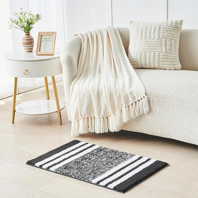 CozeCube Bath mats for Bathroom Non Slip, Fluffy Absorbent Microfiber Bath mat Washable, Aesthetic Bathroom Rugs, Small Jet Black Striped Bath mat, Jet Black, 24" x 16"