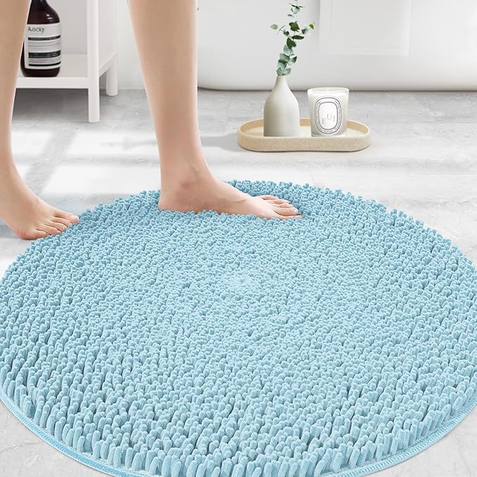 MAYSHINE Round Area Rug Set for Bathroom | Soft Plush Chenille Bath Mat, Water Absorbent Non-Slip Bathroom Rug | Washable Shag Carpet for Shower, Bedroom, or Home Décor | 48"x48" (Round) | Spa Blue'