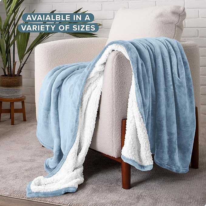 Bare Home Sherpa Fleece Blanket - King Size - Blanket for Bed, Sofa, and Couch - Warm & Lightweight - Fluffy & Soft - Reversible (King, Light Blue)