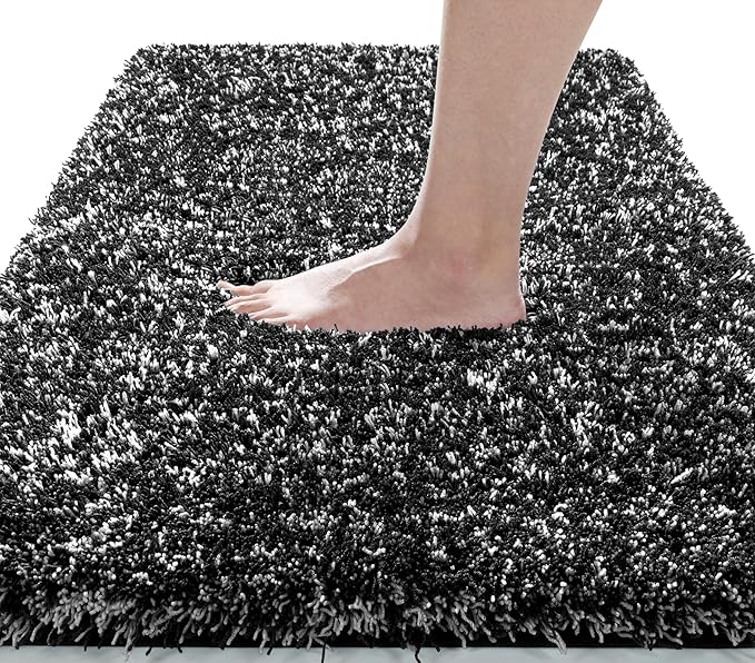 Yimobra Black and White Bathroom Rugs, Luxury Fluffy Bath Mats, Non Slip, Water Absorbent Microfiber, Machine Washable, Plush Runner Carpet Shower Rugs, Thick Matts for Bathroom Floor&Tub, 44"x 24"