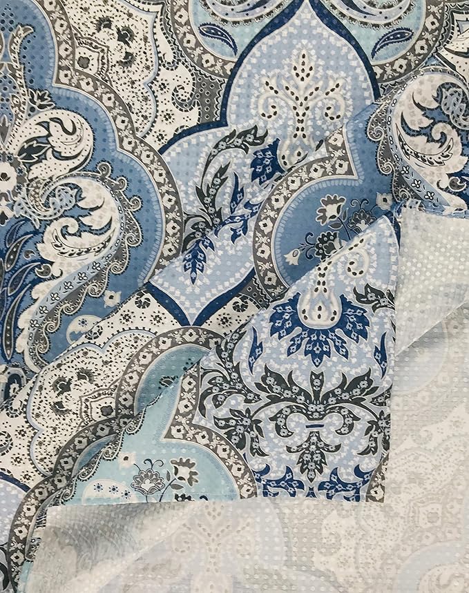 Decorative Blue & Silver Grey Gray Boho Fabric Shower Curtain, Modern Farmhouse for Vintage Rustic Bathroom Decor, Floral Victorian, 72 x 70