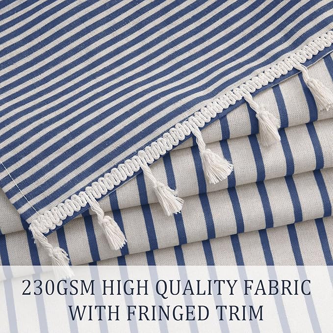 Awellife Blue Shower Curtain for Bathroom Linen Texture Stripe Tassel Shower Curtain 72 X 78 Inches Boho Neutral