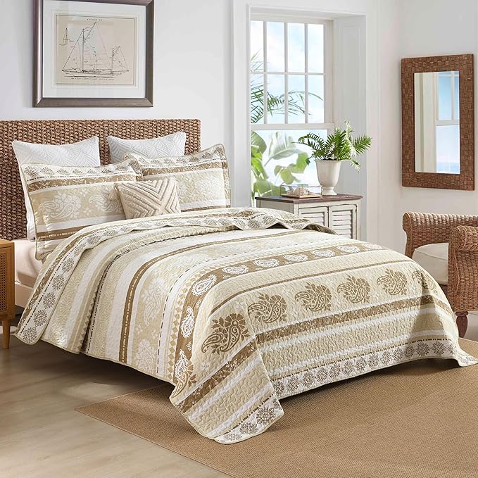 Bedding Set, King Size Quilt, Cotton Bedding Comforter Sets, Brown Taupe Striped Pattern Bed Set, Lightweight Reversible Bedspreads, Machine Washable Coverlet Neutral 3 Pieces