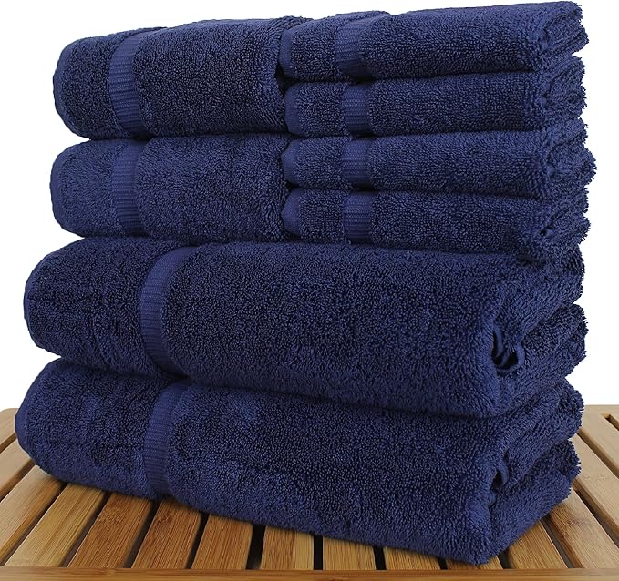 Luxury Hotel & Spa Quality, Highly Absorbent 100% Turkish Cotton, 750+ GSM, Eco Friendly Towel, Bathroom and Kitchen Dobby Border Towels, 2 Bath Towel, 2 Hand Towel, 4 Washcloths (8 Piece, Navy)